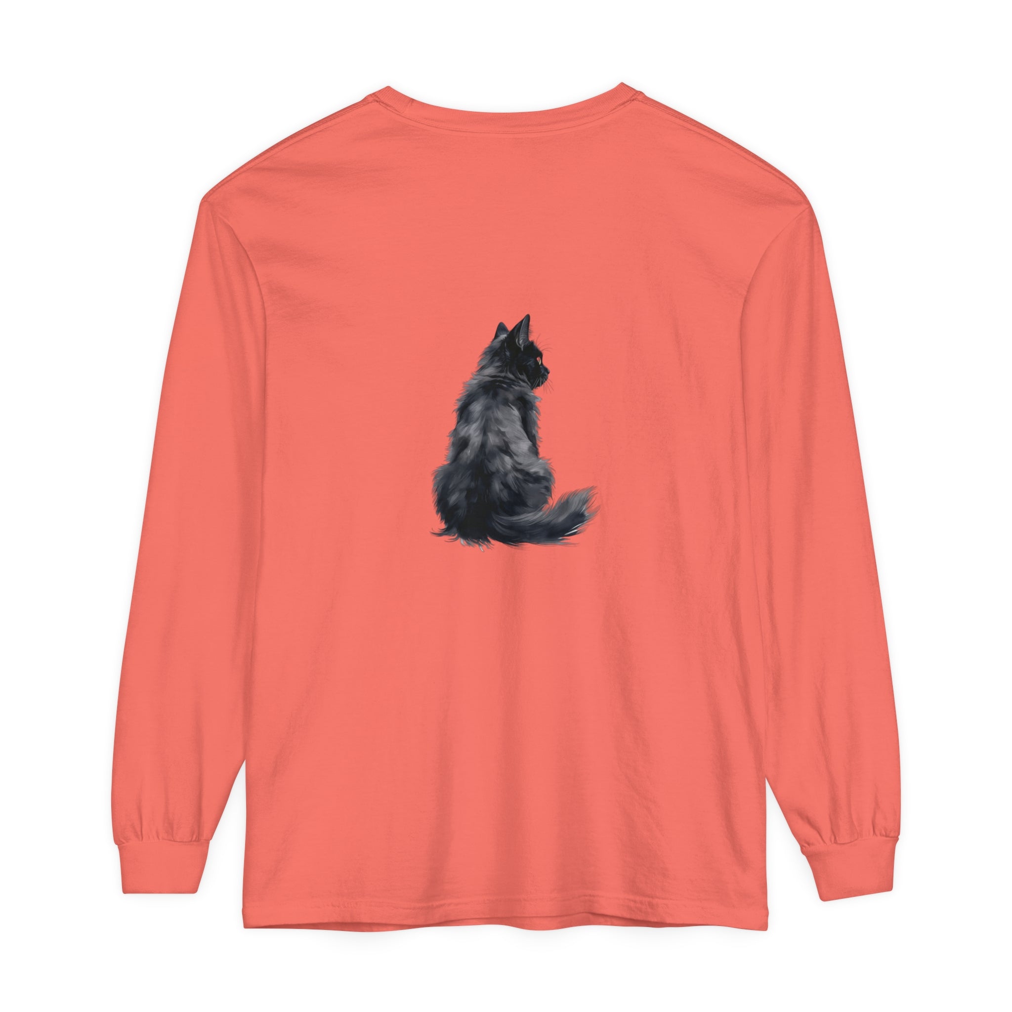 Black unisex long sleeve t-shirt with a stylish cat silhouette design