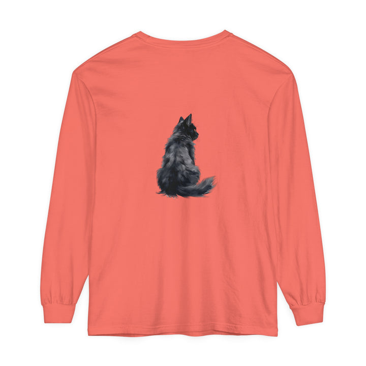 Black unisex long sleeve t-shirt with a stylish cat silhouette design