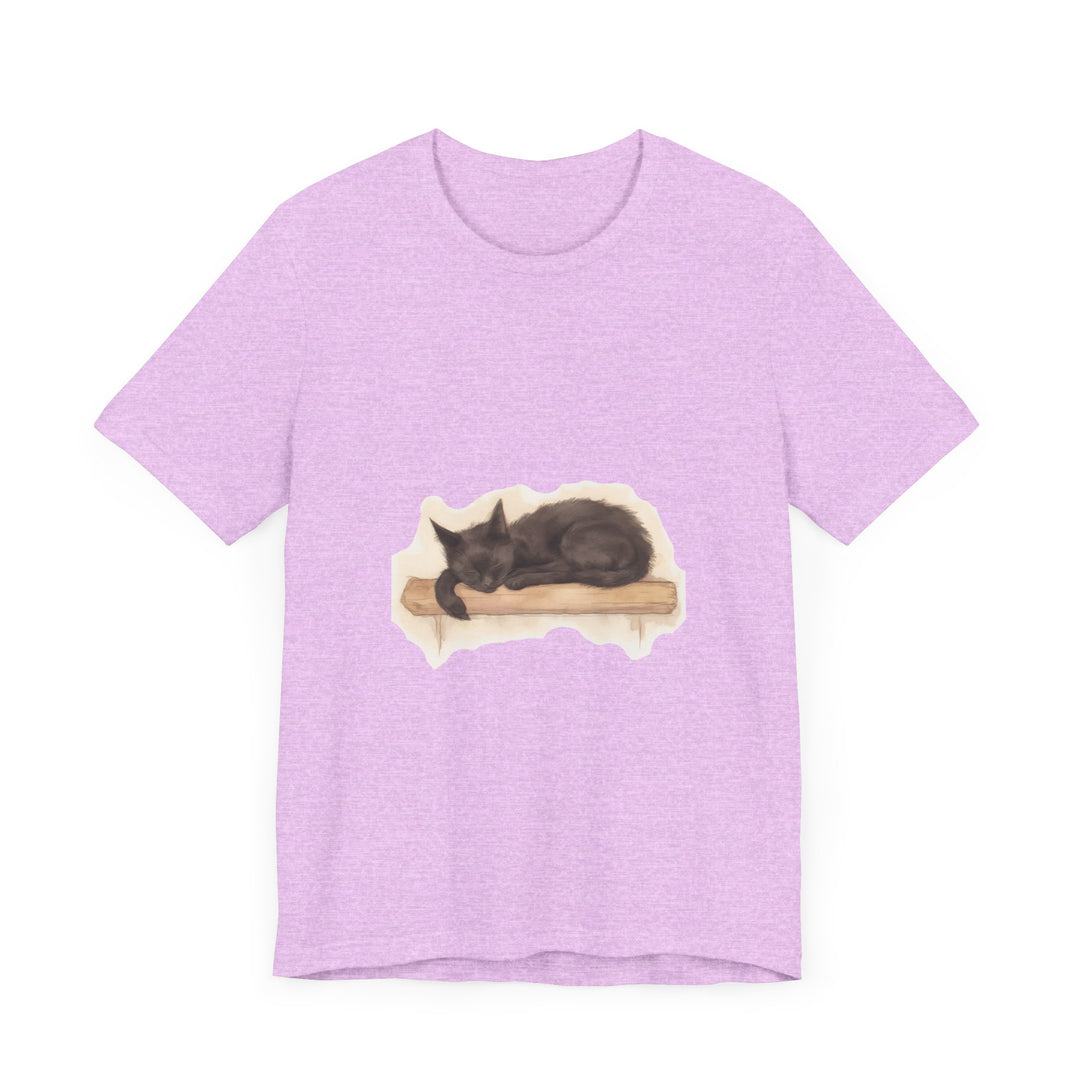 A watercolor illustration of a black cat sleeping on a t-shirt