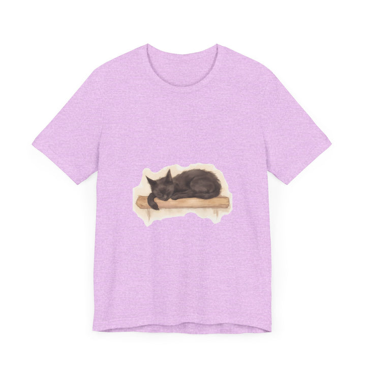 A watercolor illustration of a black cat sleeping on a t-shirt