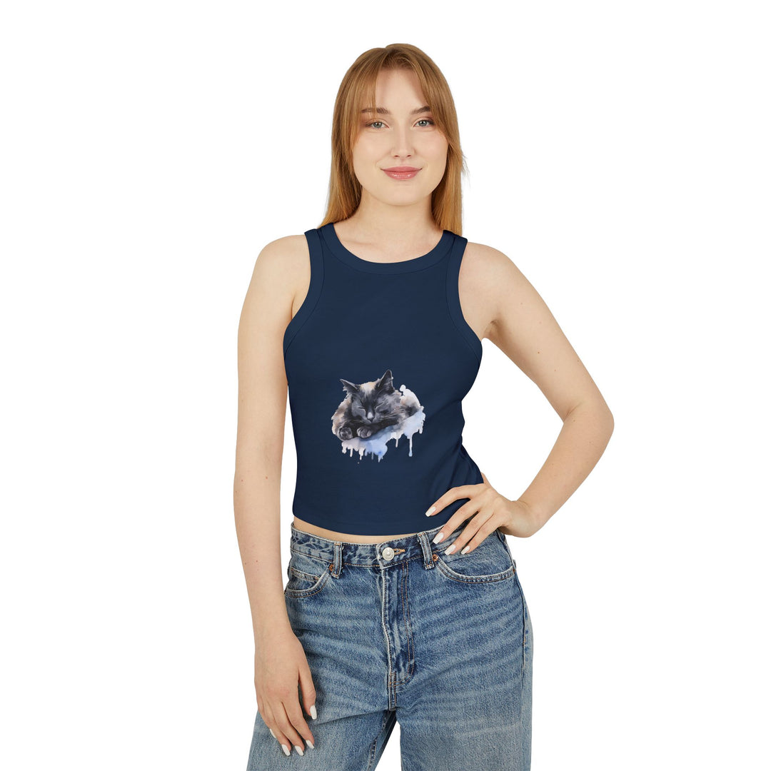 Sleeping Cat Racerback Tank Top - Cozy & Cute, perfect for lounging or sleeping, featuring an adorable cat design on a soft, comfortable fabric