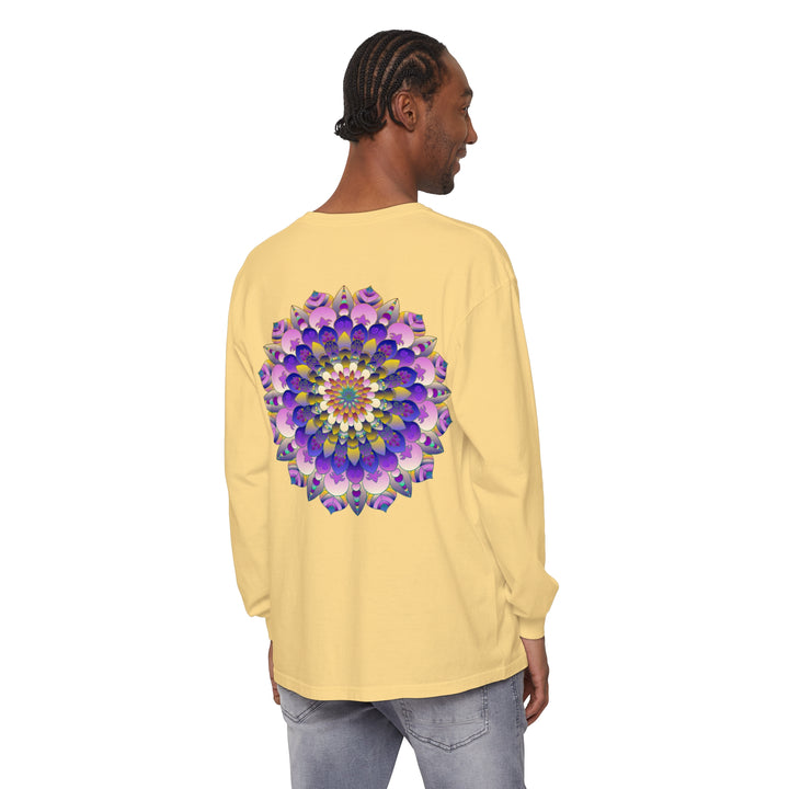 Artistic and vibrant long sleeve t-shirt featuring a mesmerizing mandala print