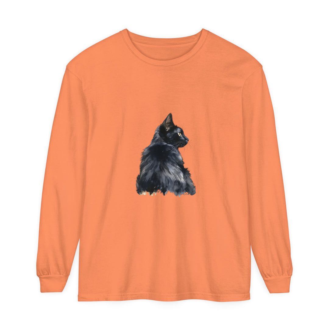 Black Cat Watercolor Long Sleeve T-Shirt featuring a stunning watercolor illustration of a black cat on a comfortable long sleeve shirt