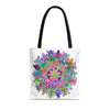 Vibrant and intricately designed mandala tote bag with colorful patterns