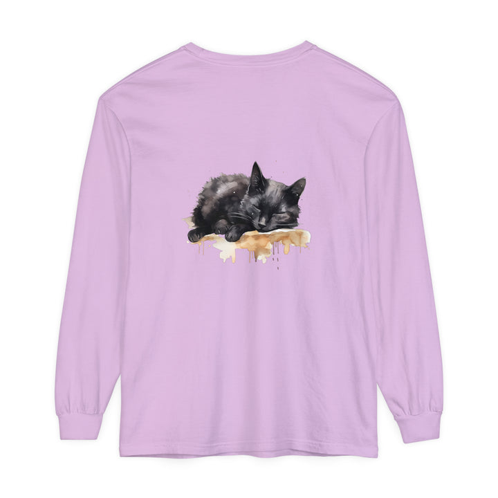 A beautiful watercolor illustration of a sleeping black cat on a t-shirt