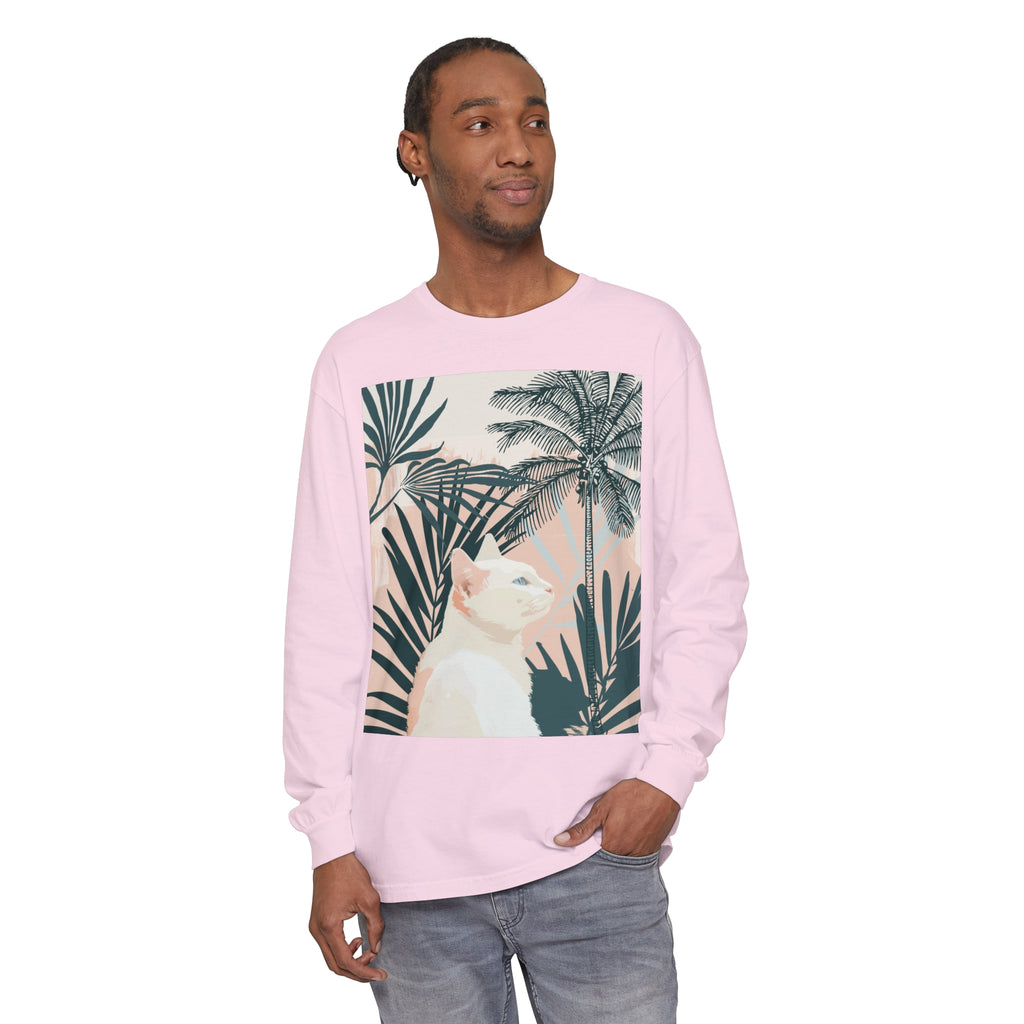 White Cat Tropical Mandala Long Sleeve T-Shirt - This stylish shirt features a vibrant tropical mandala design with a white cat