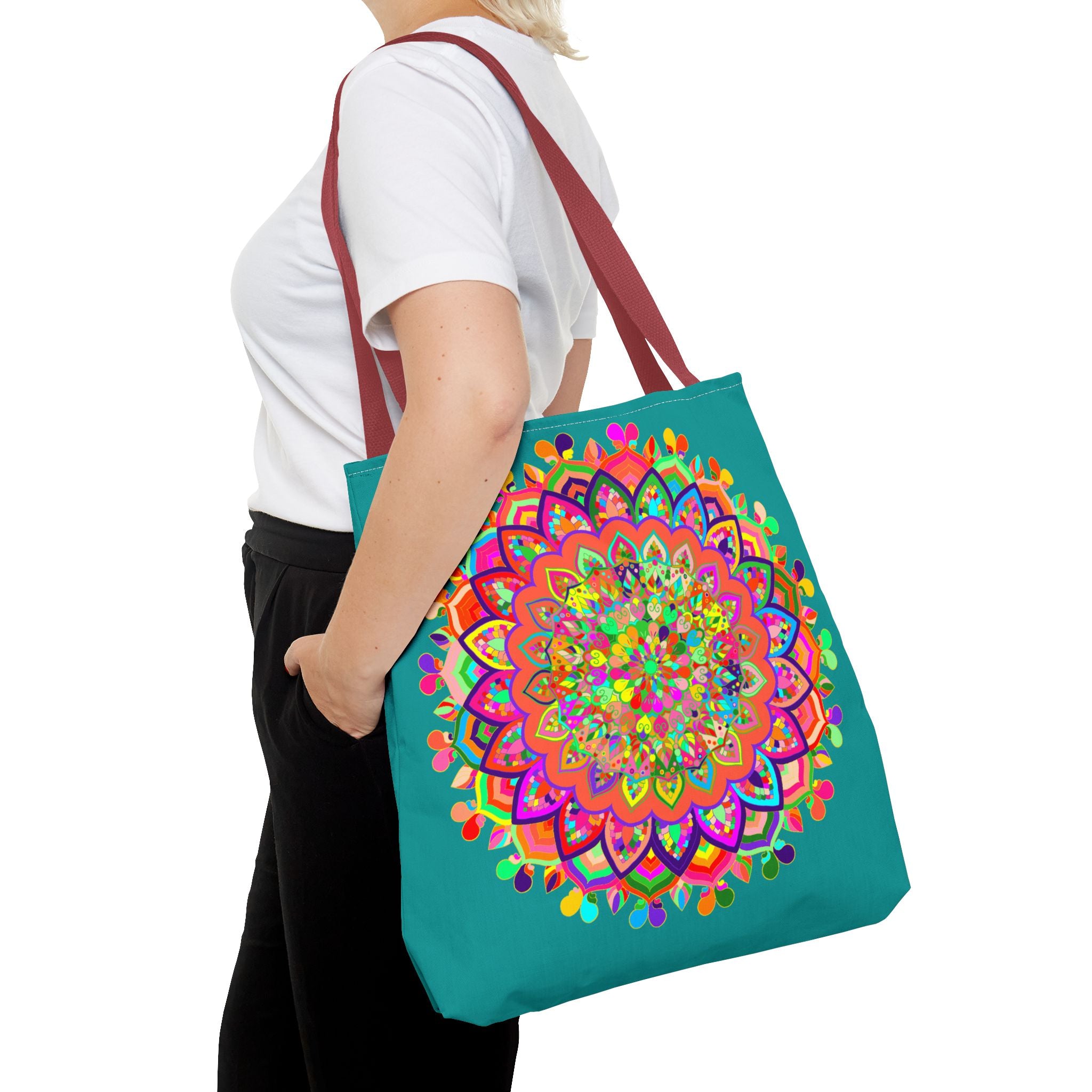 Large aquamarine tote bag featuring a colorful mandala art design