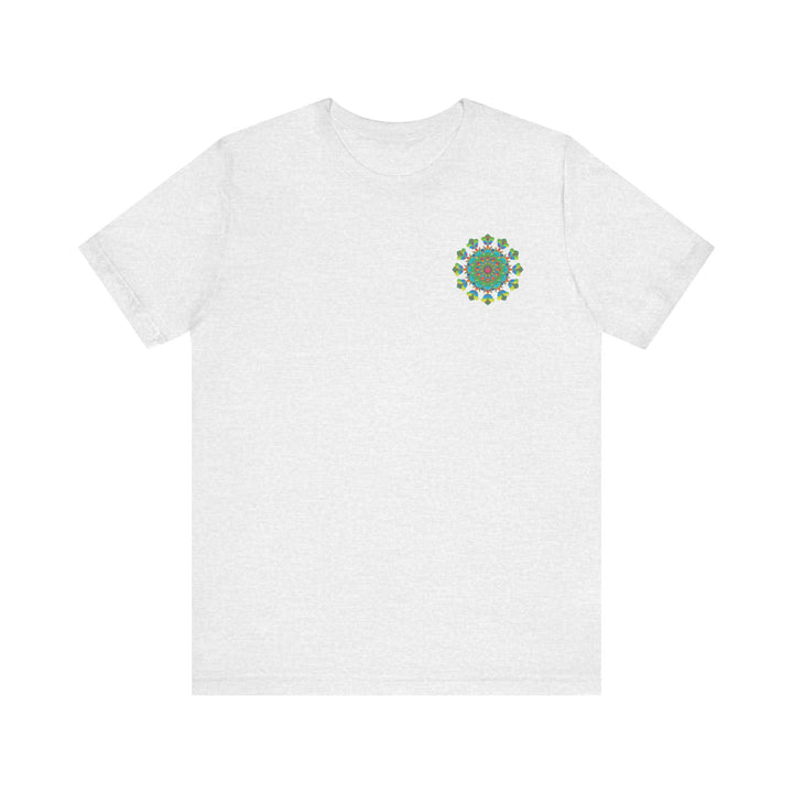 A vibrant and intricate mandala design t-shirt with psychedelic colors