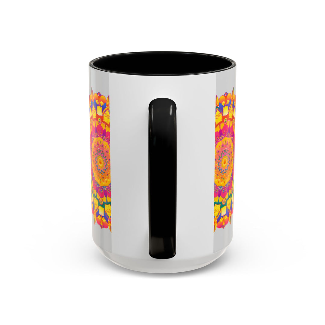 A colorful mandala art design on a grey ceramic mug with vibrant and intricate patterns