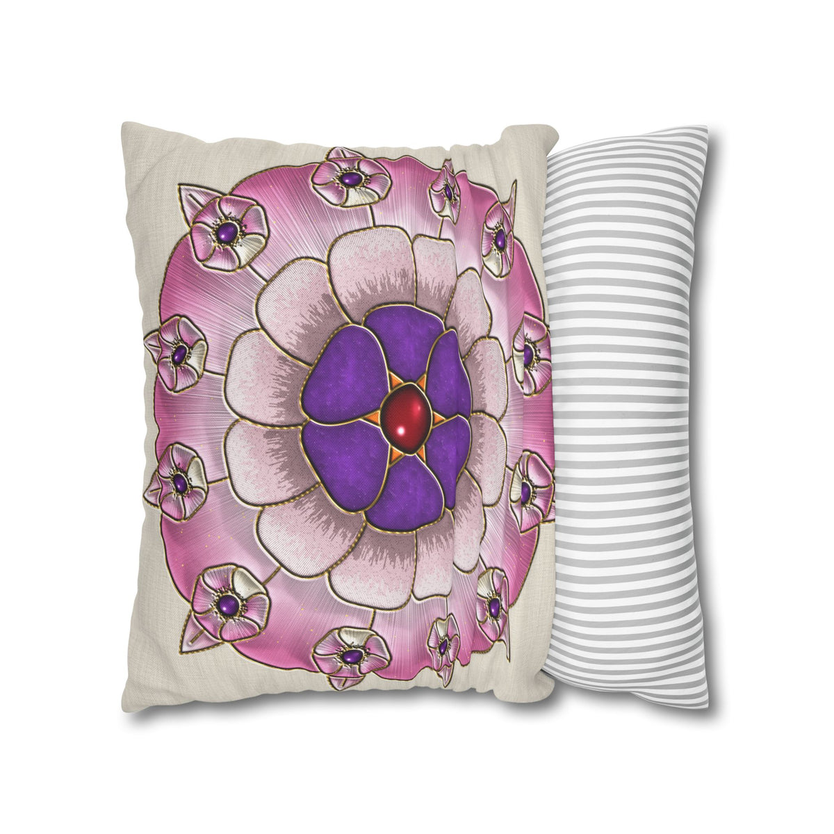 Federa quadrata con motivo a mandala floreale rosa e viola