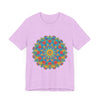 A colorful and intricate mandala design tee, featuring vibrant hues and detailed patterns, perfect for adding a pop of artistic flair to your wardrobe