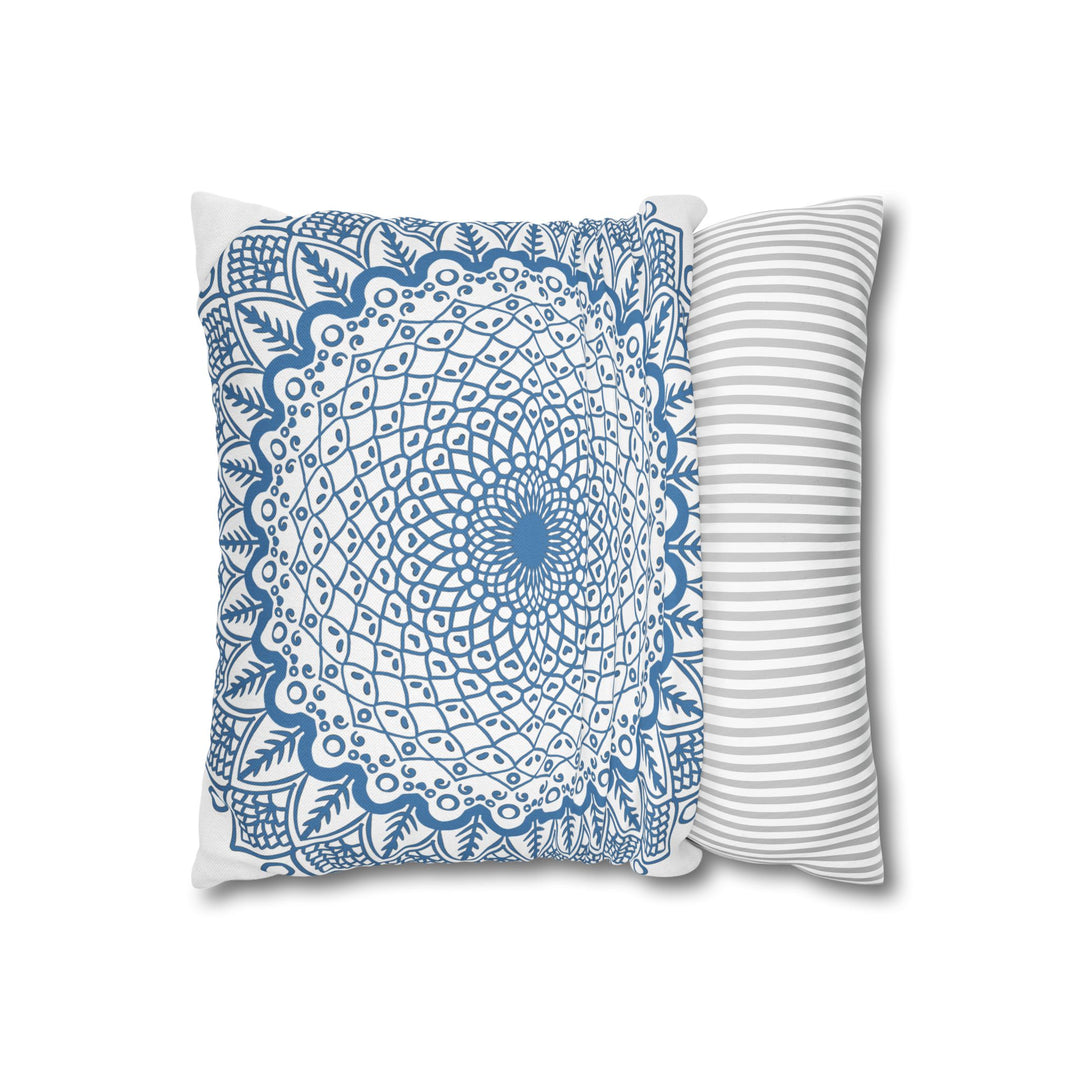 Square Pillowcase with Intricate Hand-drawn Mandala Art in Steel Blue