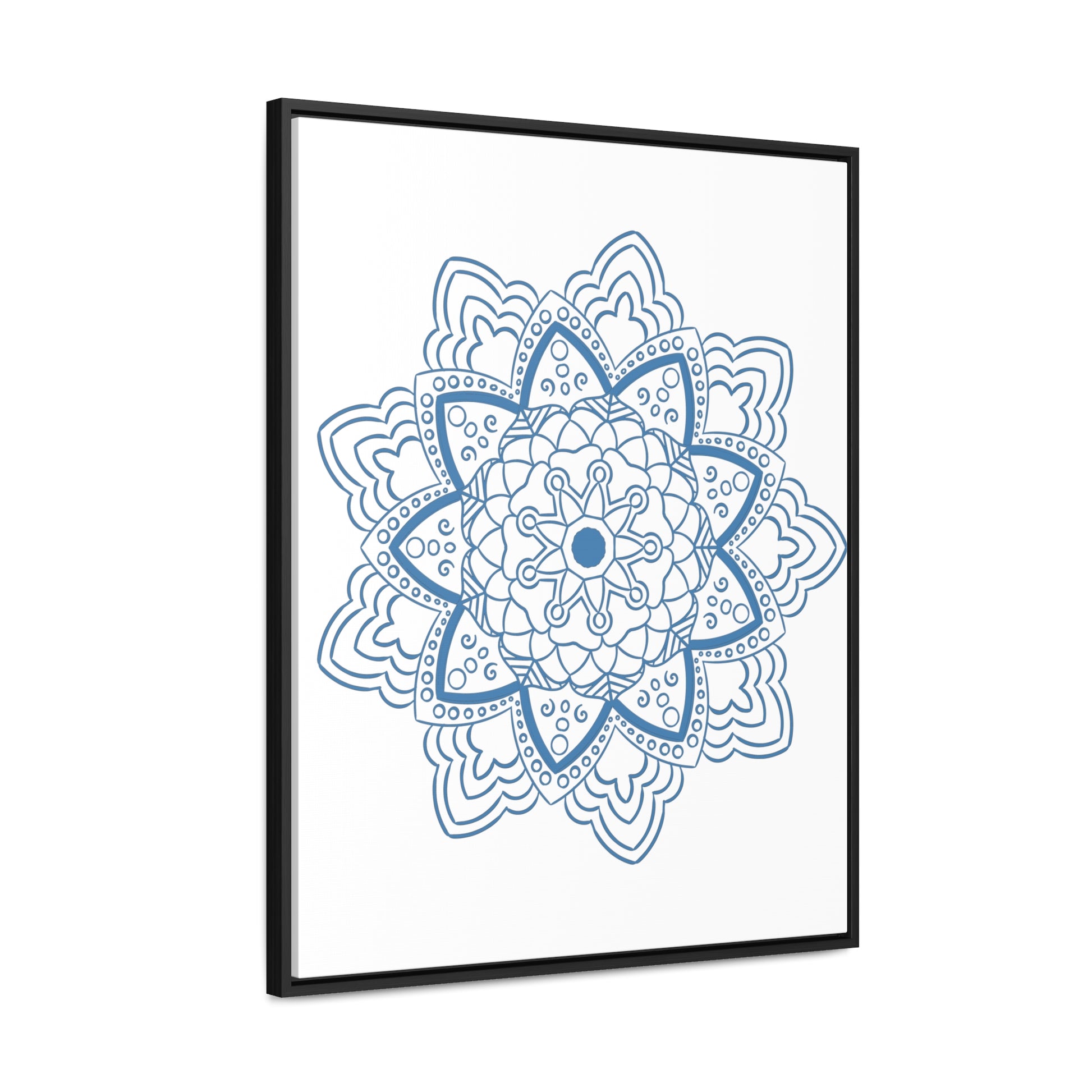 Handmade steel blue Mandala Design Wall Art on gallery canvas wraps, displayed in a vertical frame