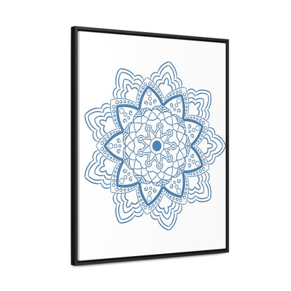 Handmade steel blue Mandala Design Wall Art on gallery canvas wraps, displayed in a vertical frame