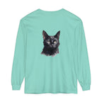 Black Cat Watercolor Unisex Long Sleeve T-Shirt featuring a vibrant watercolor design of a black cat on a comfortable long sleeve tee