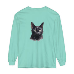 Black Cat Watercolor Unisex Long Sleeve T-Shirt featuring a vibrant watercolor design of a black cat on a comfortable long sleeve tee