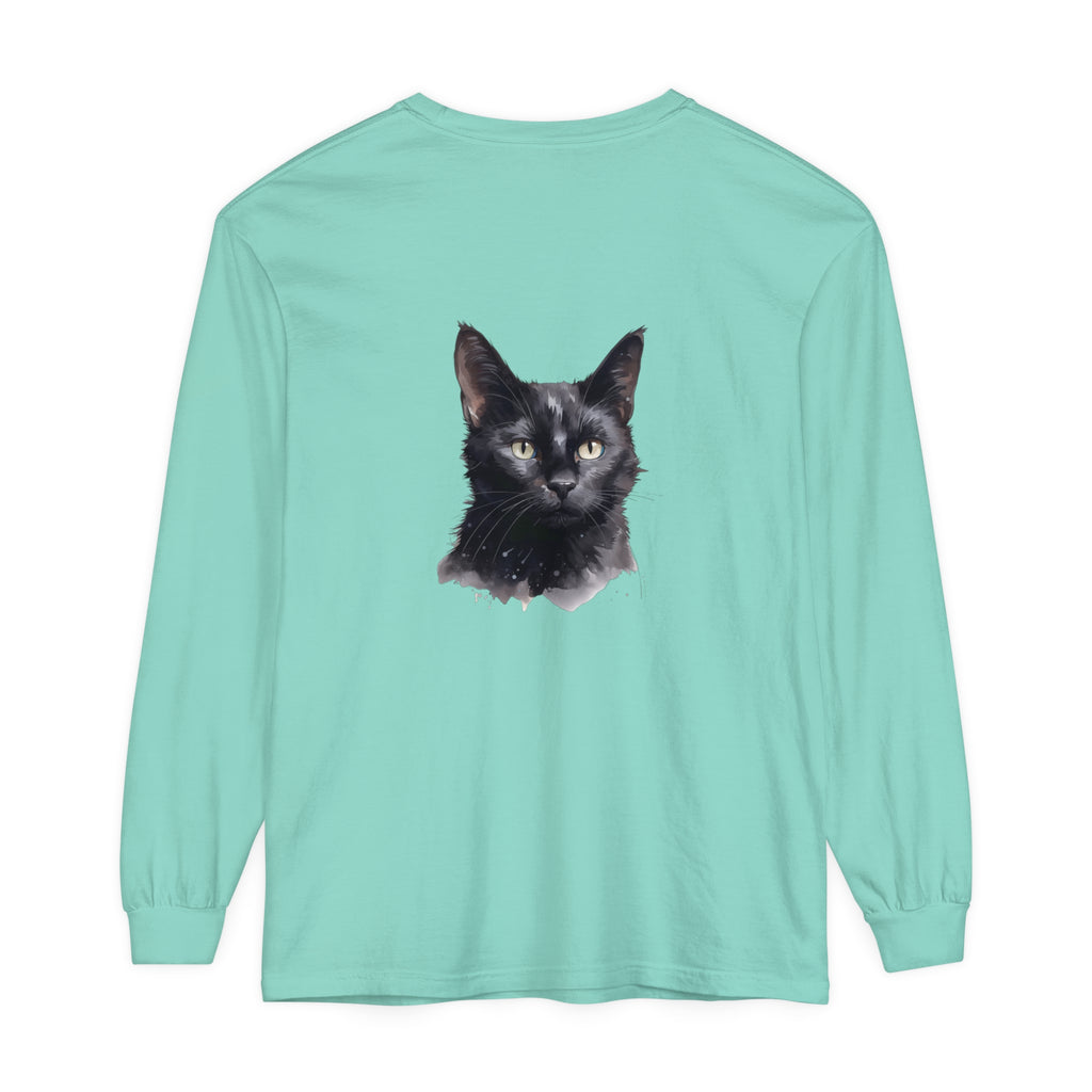 Black Cat Watercolor Unisex Long Sleeve T-Shirt featuring a vibrant watercolor design of a black cat on a comfortable long sleeve tee