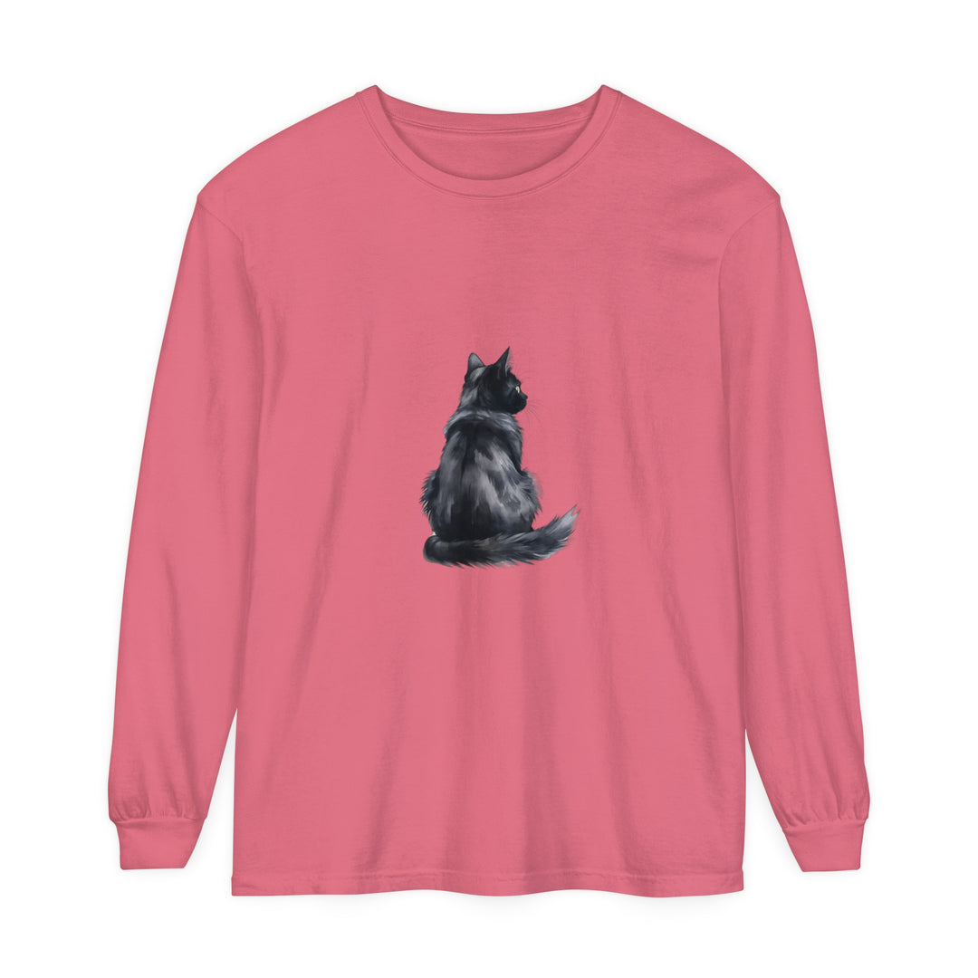 Black Cat Watercolor Long Sleeve T-Shirt: A stylish and comfortable shirt featuring a unique watercolor black cat design on the front