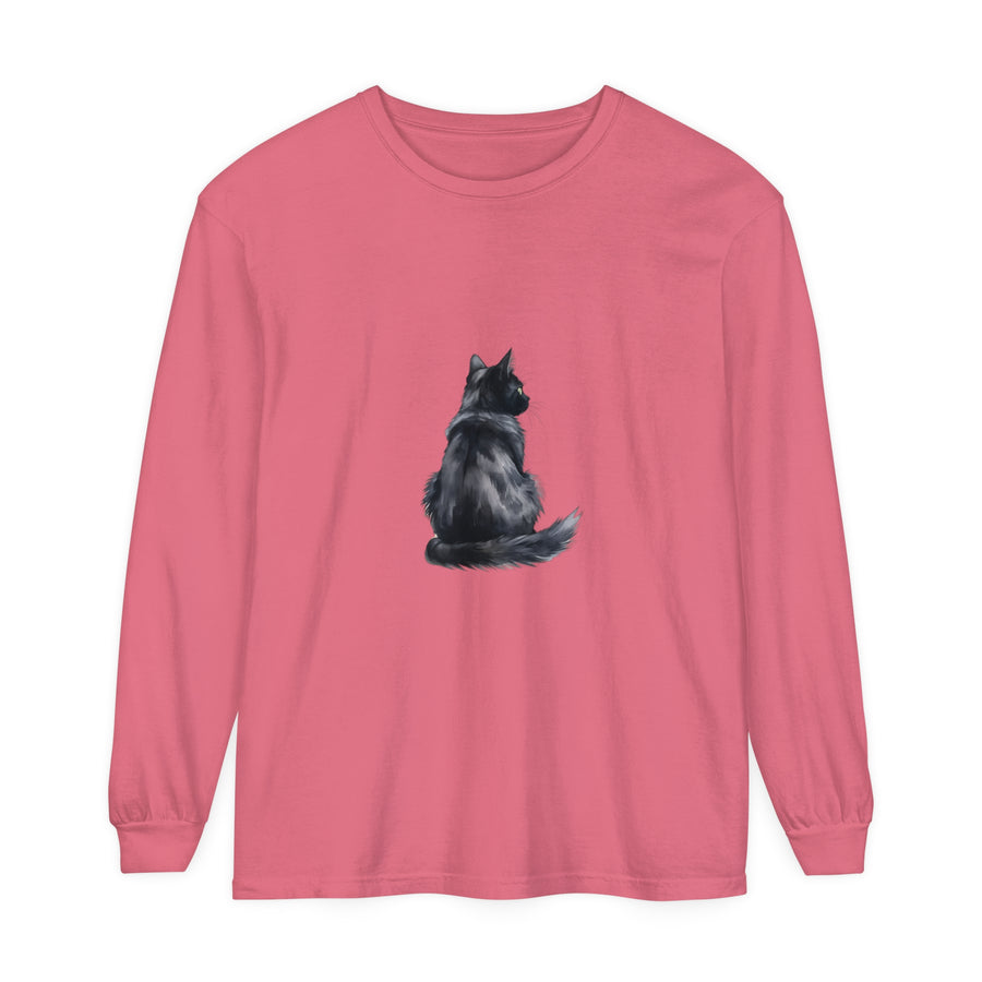 Black Cat Watercolor Long Sleeve T-Shirt: A stylish and comfortable shirt featuring a unique watercolor black cat design on the front