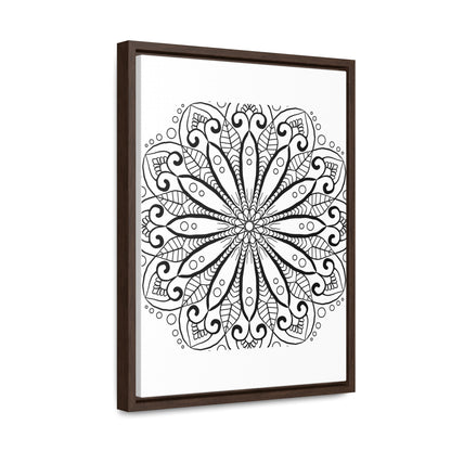 Handmade black and white mandala art on gallery canvas wraps, displayed in a vertical frame