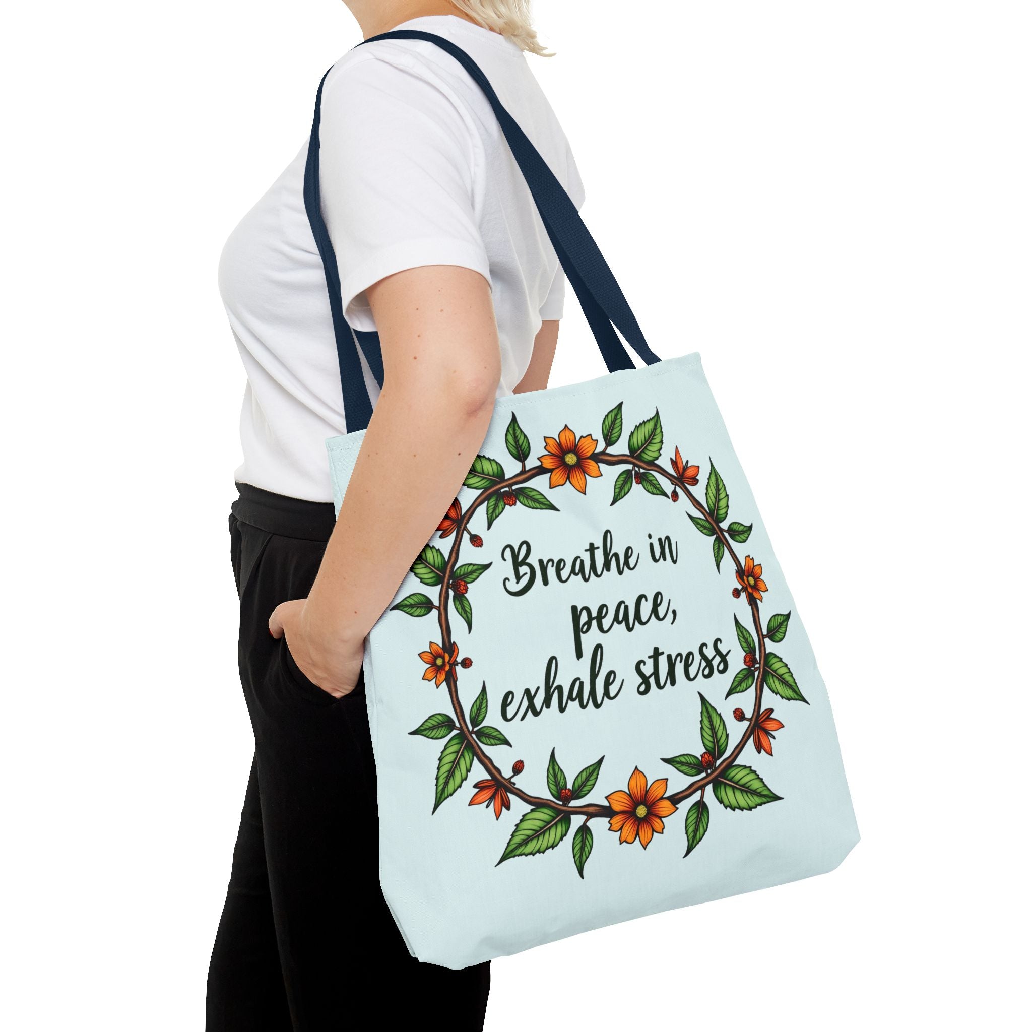 Beautiful floral tote bag with a delicate flower crown design, perfect for adding a touch of serene style to any outfit