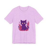 Vibrant purple t-shirt featuring a whimsical design of a mysterious cat