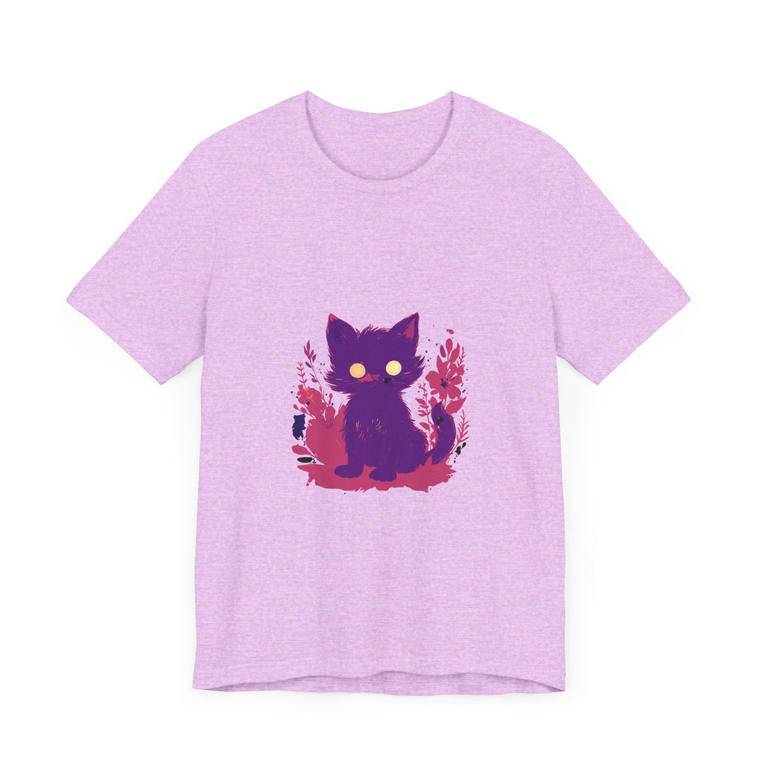 Vibrant purple t-shirt featuring a whimsical design of a mysterious cat