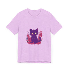 Vibrant purple t-shirt featuring a whimsical design of a mysterious cat