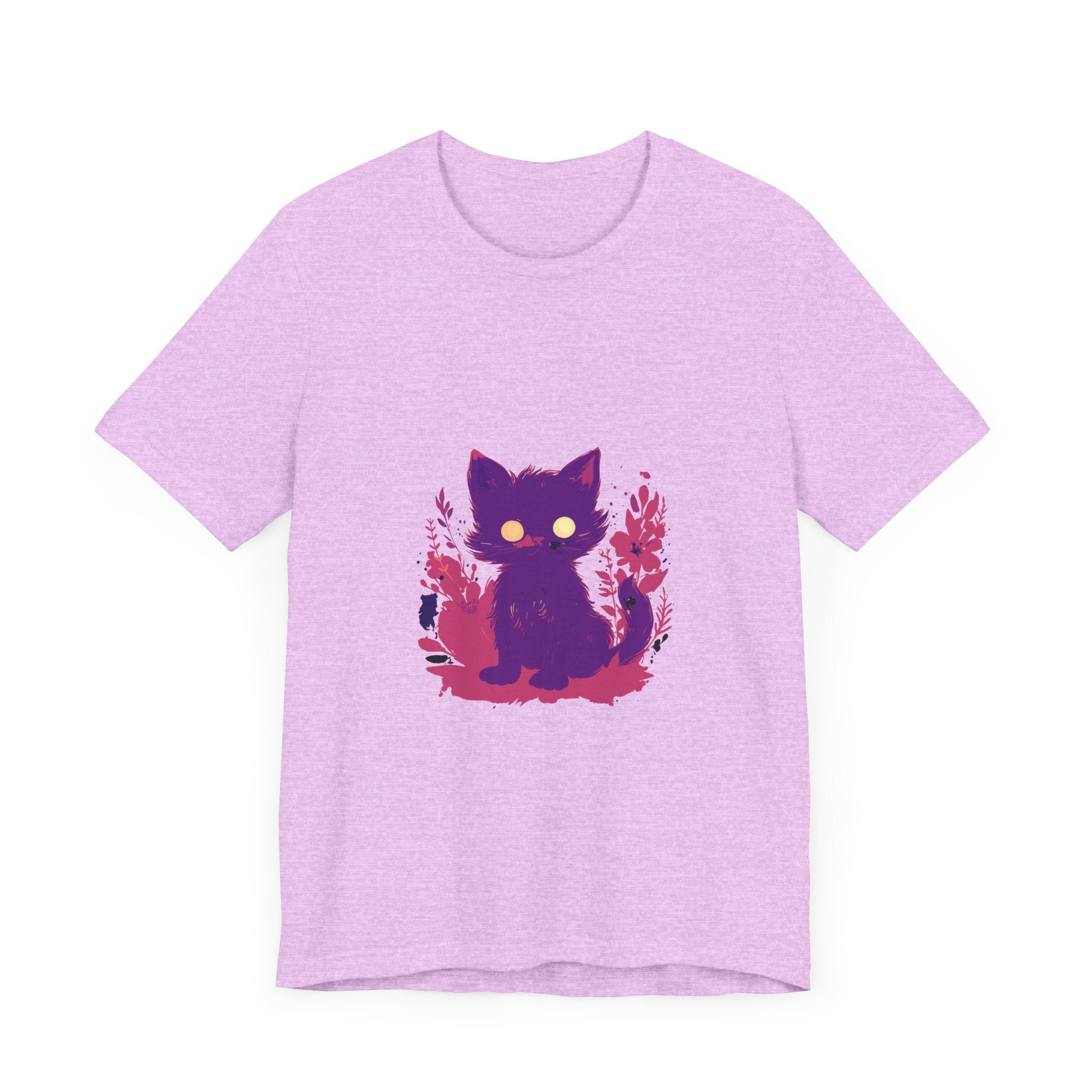 Vibrant purple t-shirt featuring a whimsical design of a mysterious cat
