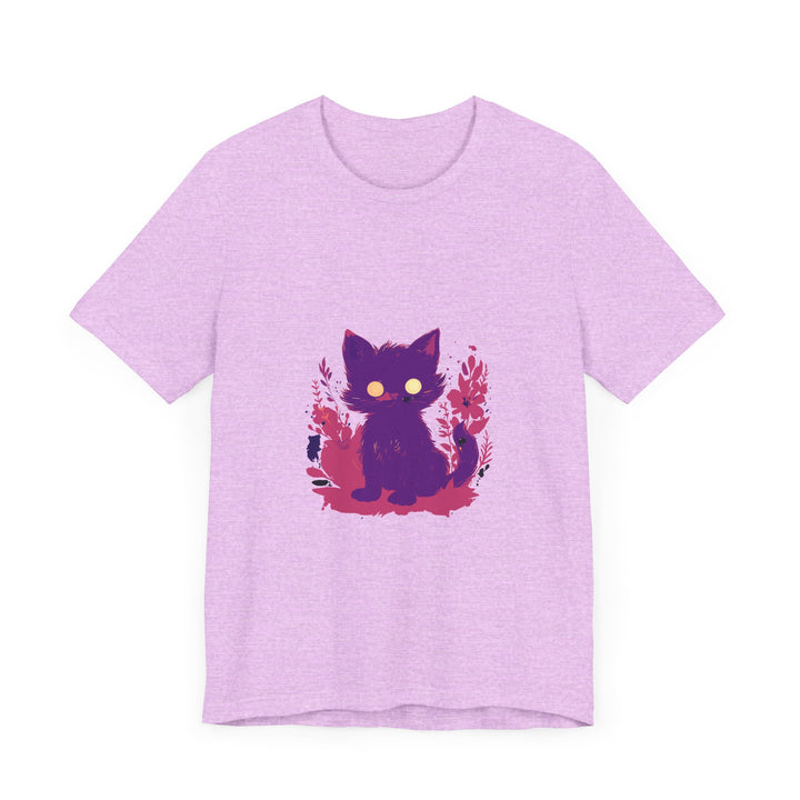 Vibrant purple t-shirt featuring a whimsical design of a mysterious cat