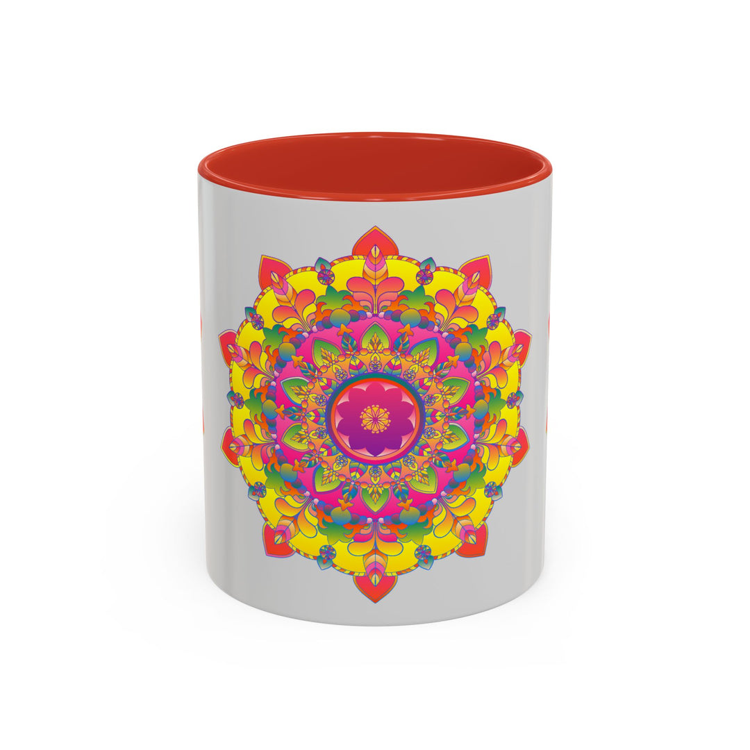 Detailed view of the vibrant and colorful mandala design on the Mandala Mug - Vibrant Art on Grey