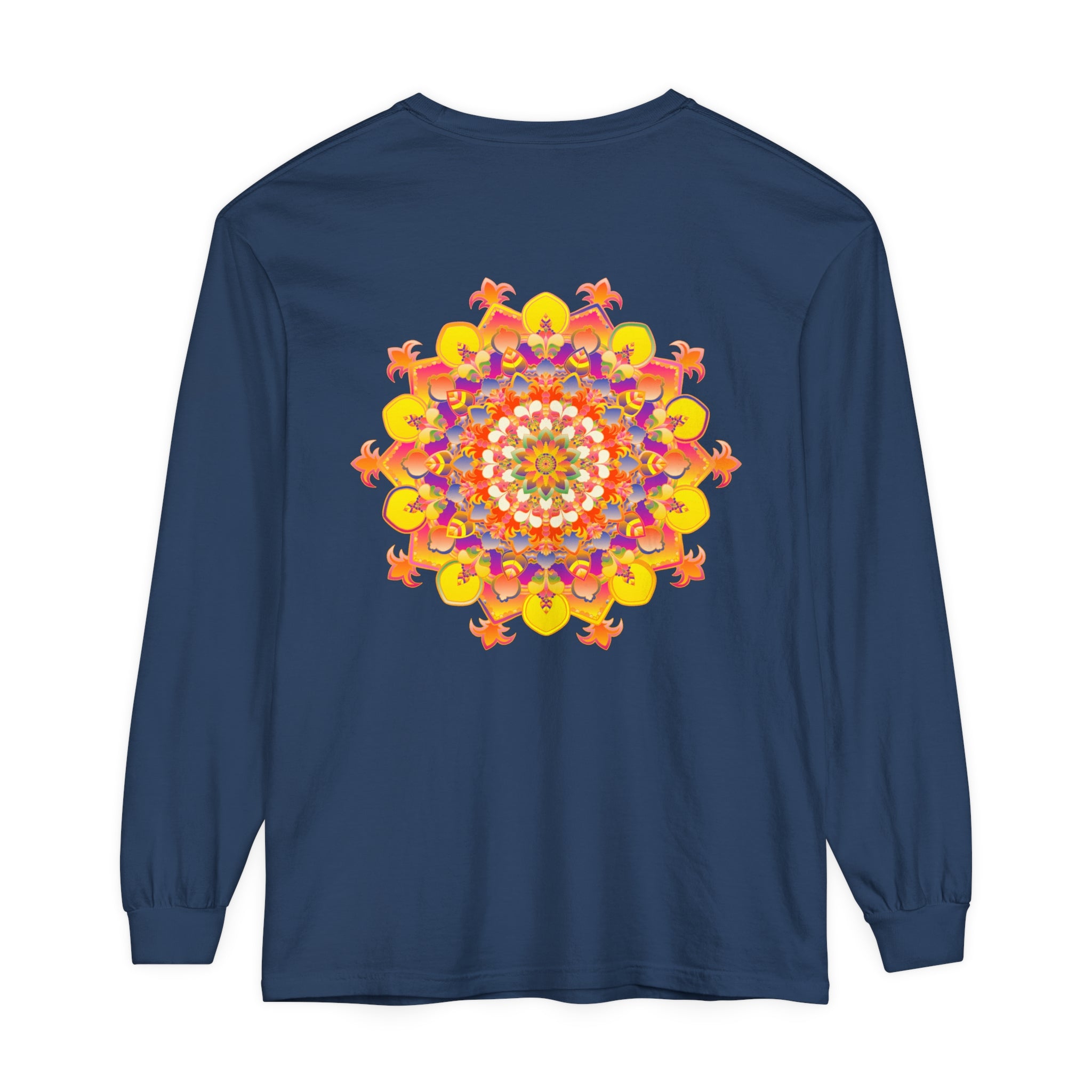 Vibrant mandala long sleeve unisex t-shirt with intricate design and bold colors