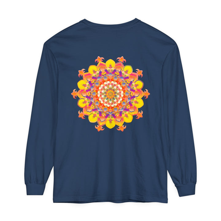 Vibrant mandala long sleeve unisex t-shirt with intricate design and bold colors