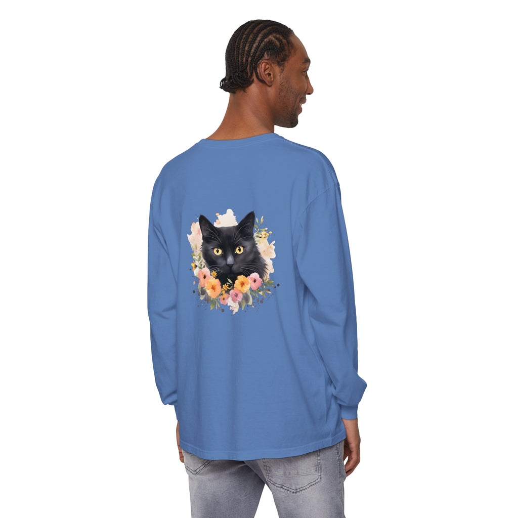 Black Cat Floral Portrait Unisex T-Shirt featuring a detailed illustration of a black cat surrounded by vibrant flowers and foliage, perfect for animal and nature lovers alike