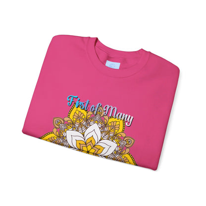 Unisex heavy blend crewneck sweatshirt with 'First of Many, Paper Anniversary' design