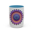 Beautiful mandala design in vibrant colors on a grey ceramic mug