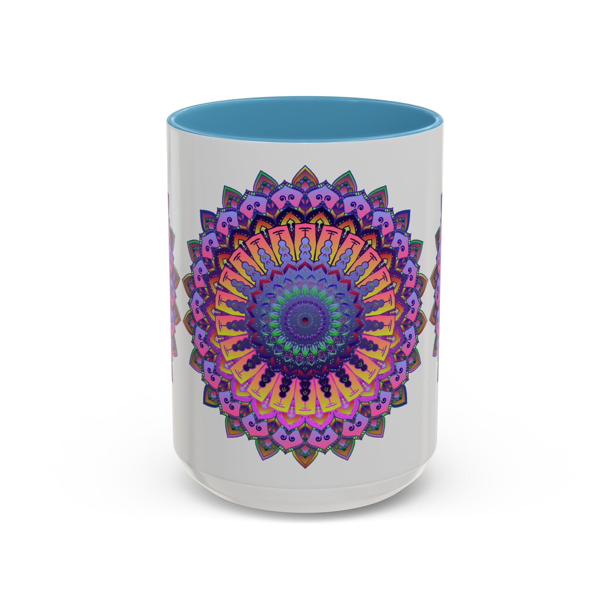 Beautiful mandala design in vibrant colors on a grey ceramic mug