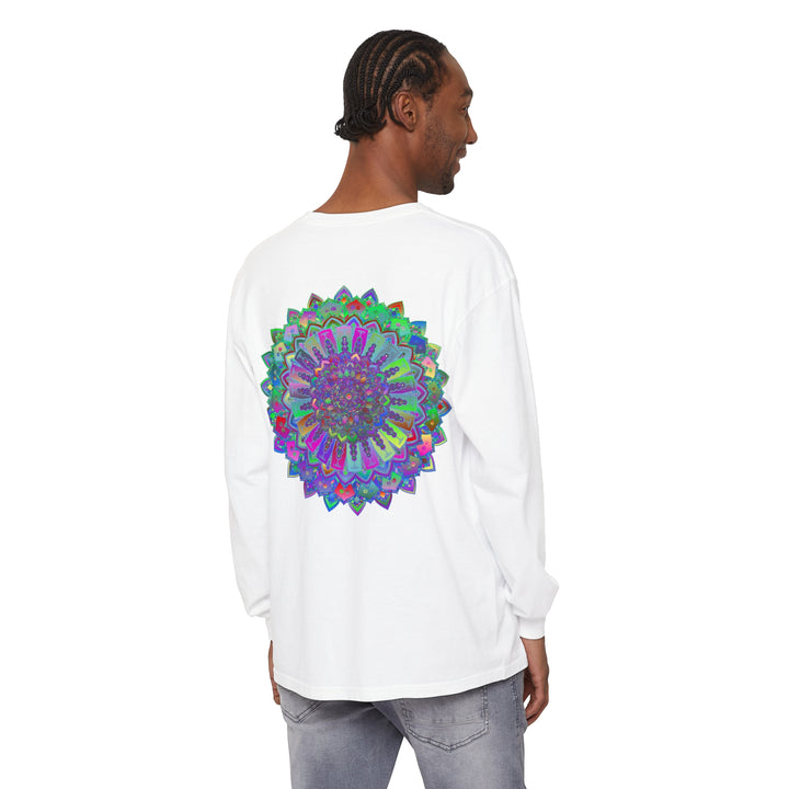 Colorful and intricate mandala design long sleeve t-shirt, perfect for adding a vibrant touch to your wardrobe