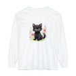 Adorable white kitten with playful expression surrounded by vibrant watercolor flowers on a t-shirt