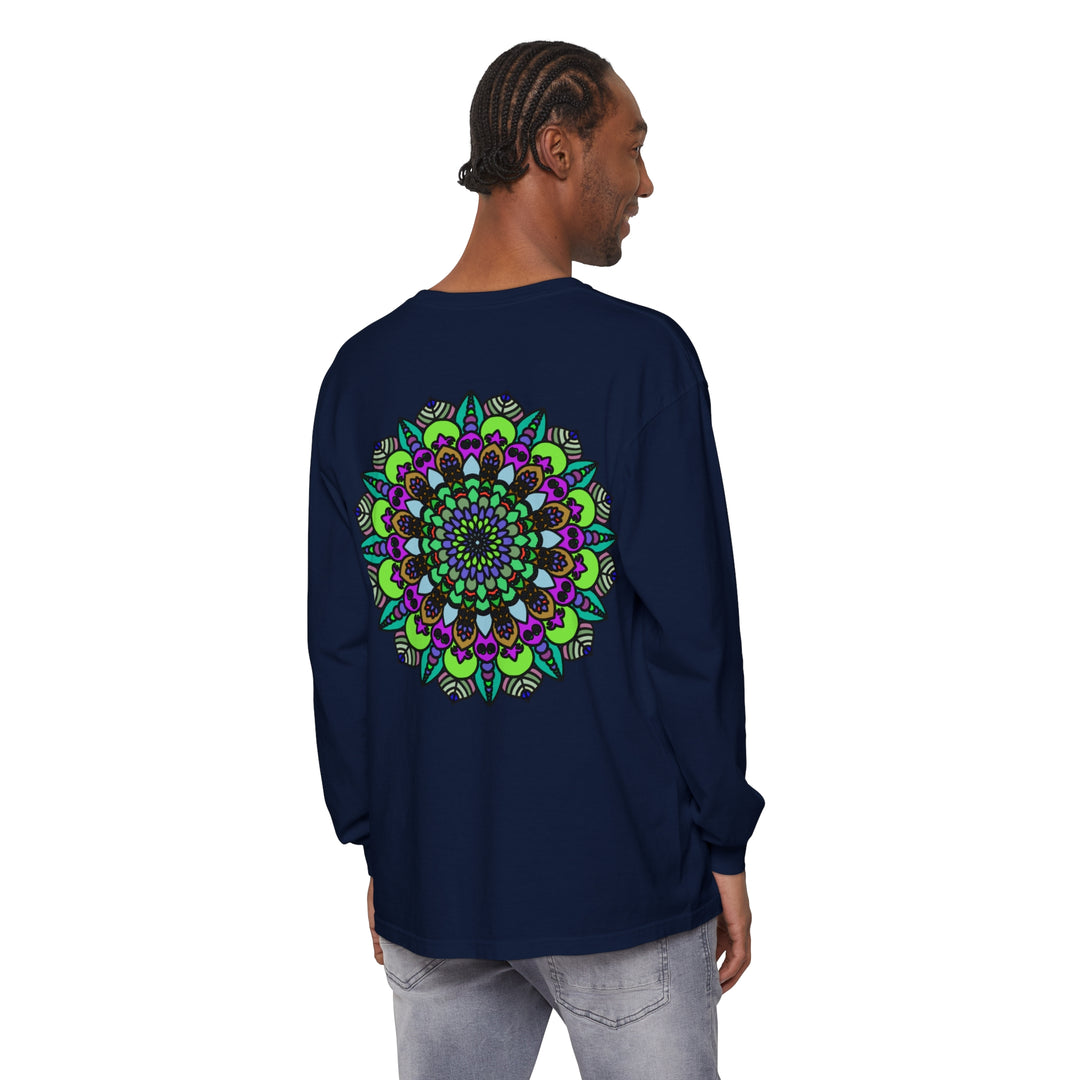 Colorful and intricate mandala design on a unisex long sleeve t-shirt