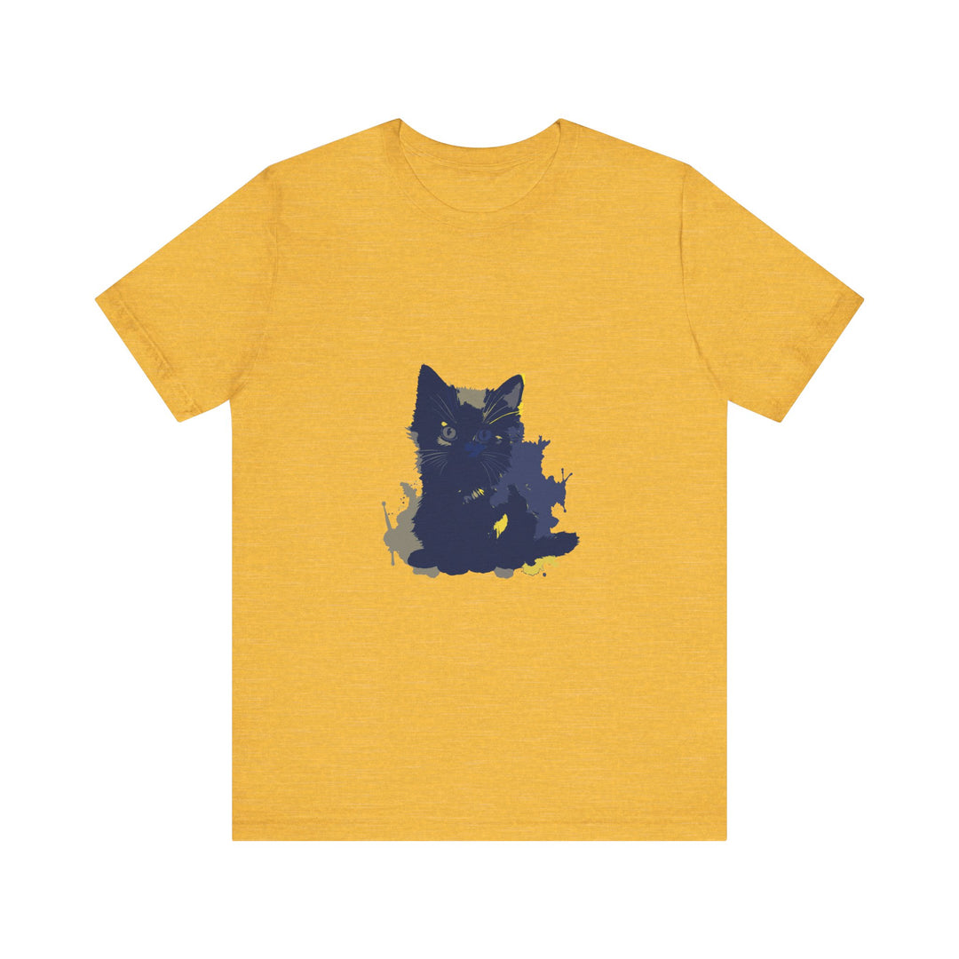 A close-up image of a Midnight Blue Cat Mystery T-Shirt, featuring a whimsical cat illustration on a soft, comfortable fabric