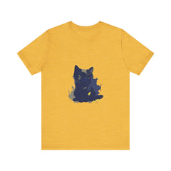 A close-up image of a Midnight Blue Cat Mystery T-Shirt, featuring a whimsical cat illustration on a soft, comfortable fabric