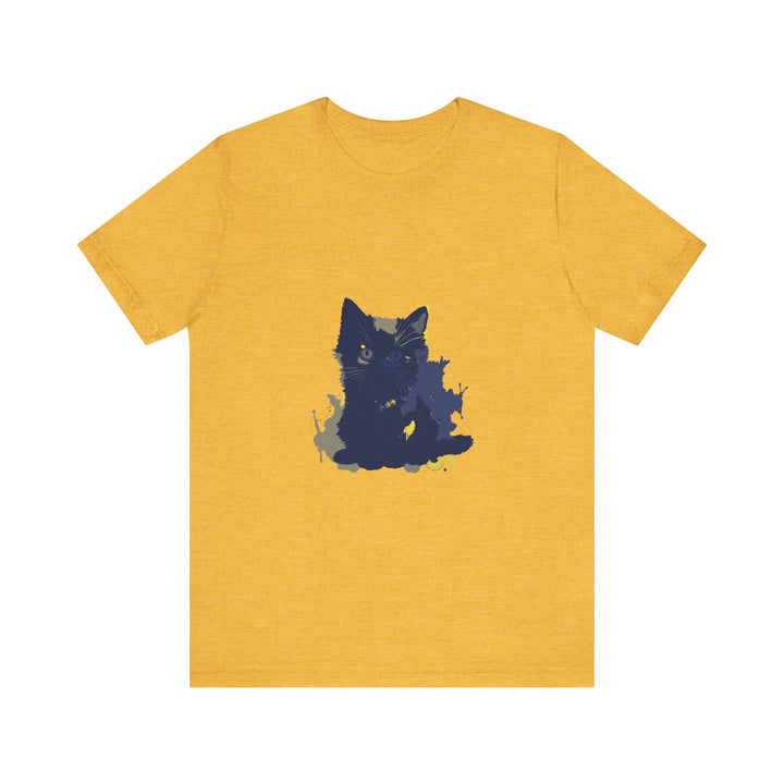 A close-up image of a Midnight Blue Cat Mystery T-Shirt, featuring a whimsical cat illustration on a soft, comfortable fabric