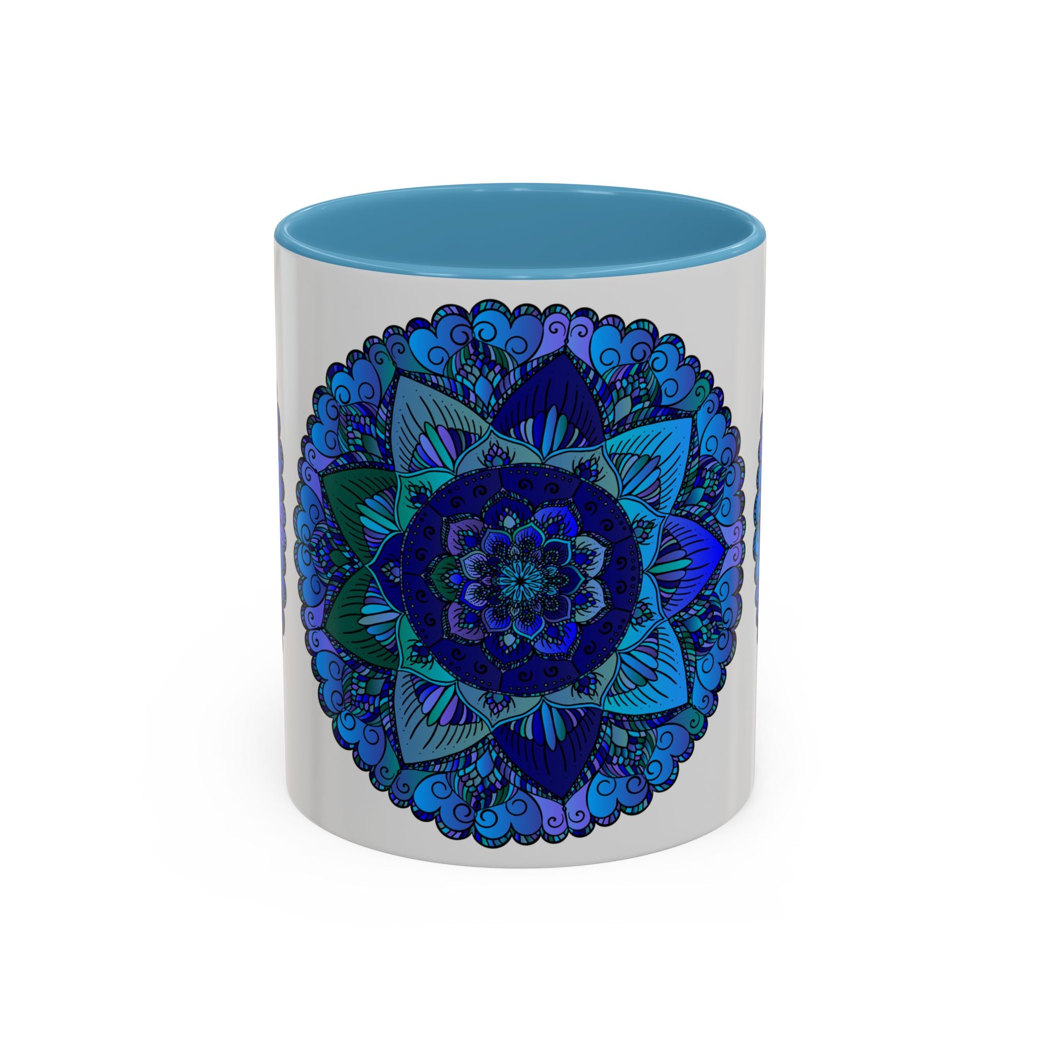 Beautiful blue and purple mandala mug featuring intricate bohemian art design