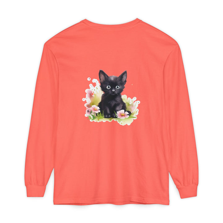 Black Kitten & Pink Flowers Long Sleeve T-Shirt
