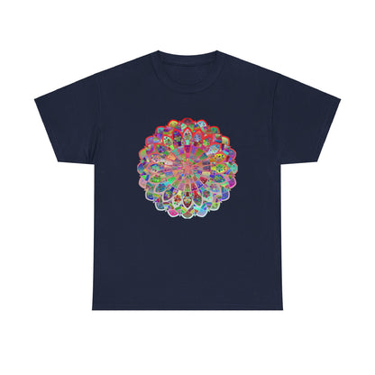 Colorful mandala art design printed on a soft heavy cotton unisex tee, perfect for yoga and mindfulness practices