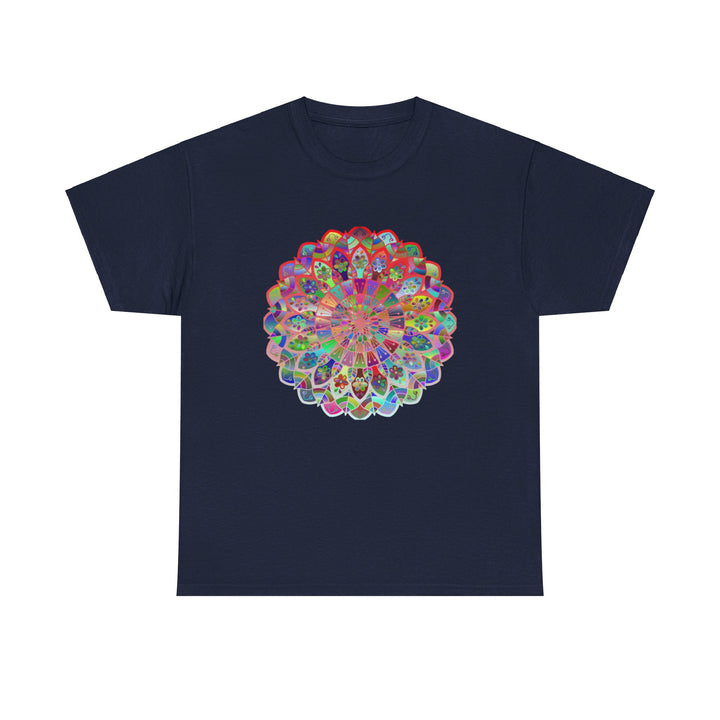 Colorful mandala art design printed on a soft heavy cotton unisex tee, perfect for yoga and mindfulness practices