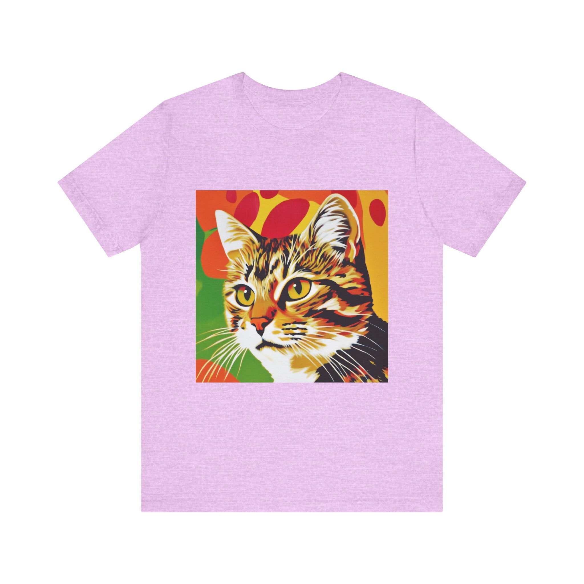 Colorful tabby cat pop art short sleeve tee, perfect for cat lovers and art enthusiasts, available in various sizes and colors