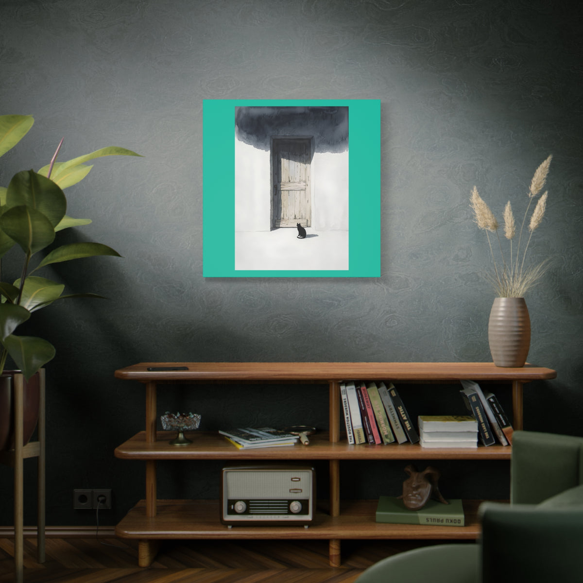Cat at the Door Matte Canvas Wall Art — Moody Minimalist Cat Illustration
