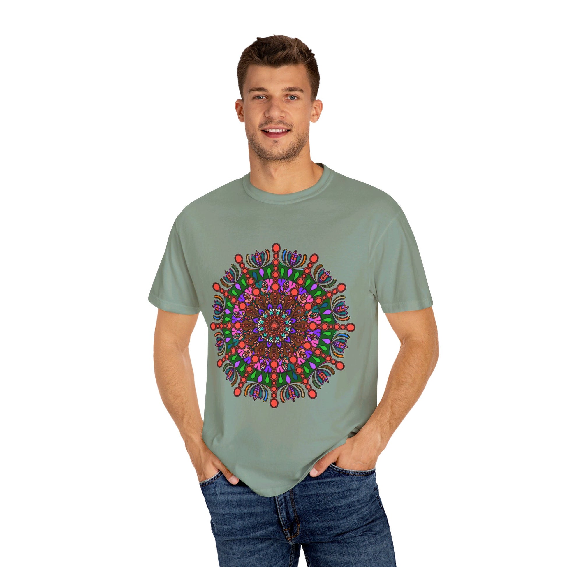 Unisex Mandala T-Shirt featuring intricate hand-drawn mandala art on 100% ring-spun cotton, garment-dyed for extra comfort